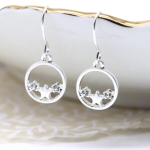 Silver plated circle earrings with triple stars and crystals