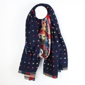 POM Navy and multi scarf with little jacquard hearts