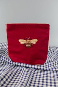 Magenta Velvet Beaded Bronze Bee Cosmetic Bag