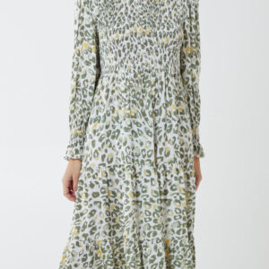 Khaki shirred leopard print midi dress
