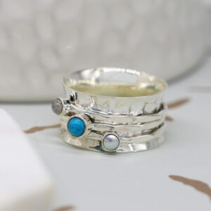 POM Sterling Silver Turquoise, Pearl, Moonstone gem Spinner Ring (medium)