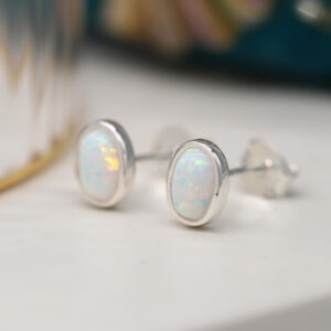 POM Sterling Silver White Synthetic Opal Oval Stud Earings