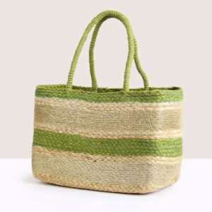 Lime Stripe Jute Box Handbag with Gold Thread