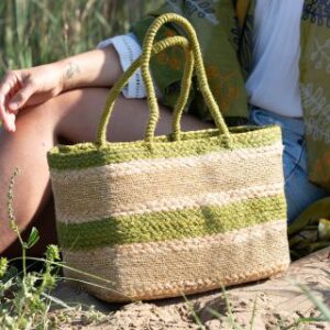 Lime Stripe Jute Box Handbag with Gold Thread