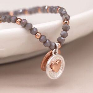 Pom Rose Gold Scratch Disc Heart disc Grey Beaded Bracelet