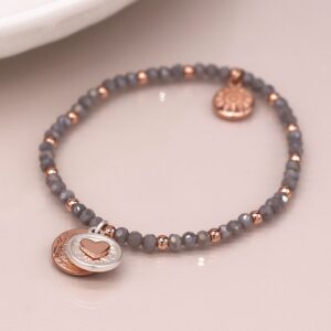 Pom Rose Gold Scratch Disc Heart disc Grey Beaded Bracelet