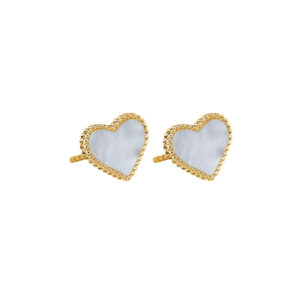 White Leaf Mother of Pearl Heart Stud Earrings /Gold Plated