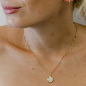 White Leaf Double Sided Clover Necklace in Gold Plate