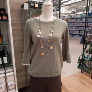 Soft Knit Short Jumper Edged on the Sleeve with Pearls/ Khaki