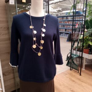 Soft Knit Short Jumpers with Pearl Edged Sleeve/ Navy