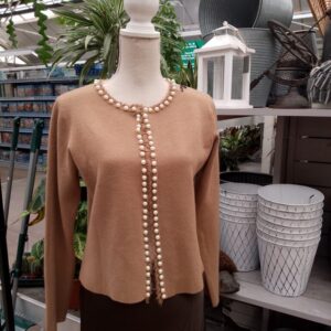 Soft Knit Pearl Edged Short Cardigan/ Camel