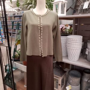 Soft Knit Pearl Edged Short Cardigan/ Khaki