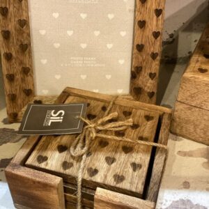 Wooden Boxed set of 4 heart design coasters