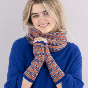 Cadenza Cashmere Blend Geo Wristwarmers/ Royal Blue, Burnt Orange & Denim