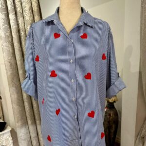 Cotton Mix Blue Stripe Shirt/ Red Hearts