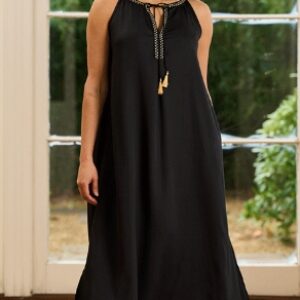 Roma Sleeveless Dress Embroidered Collar Black