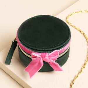 Green and pink velvet mini round jewellery case
