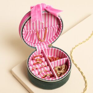 Green and pink velvet mini round jewellery case