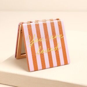 Red and pink „You are loved” striped compact mirror